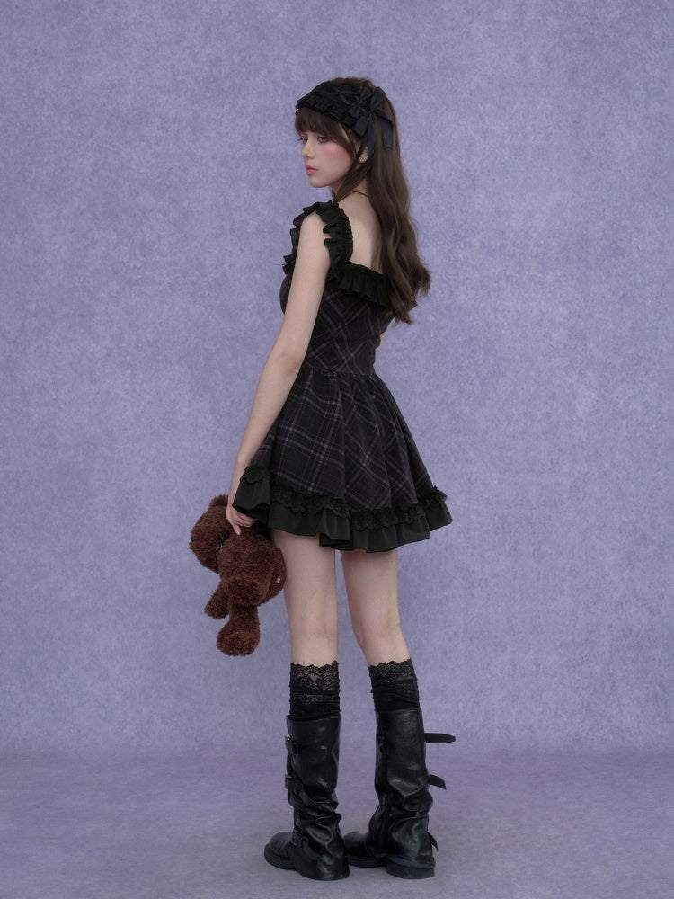 Plaid Ruffle Trim Cami Mini Dress【s0000017105】