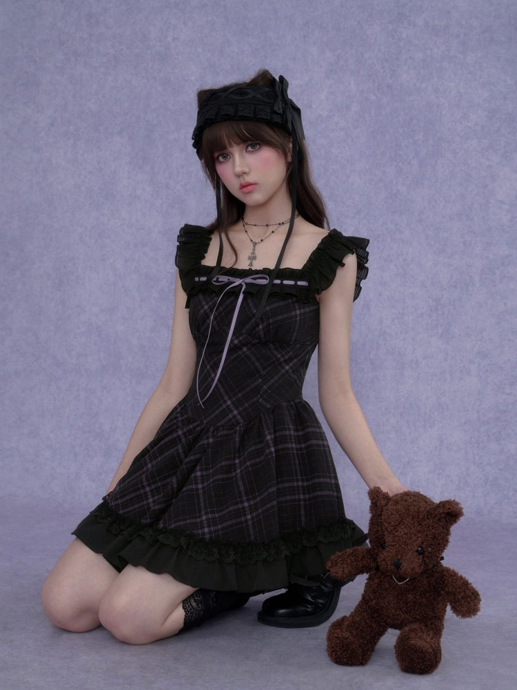 Plaid Ruffle Trim Cami Mini Dress【s0000017105】