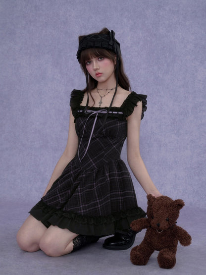 Plaid Ruffle Trim Cami Mini Dress【s0000017105】