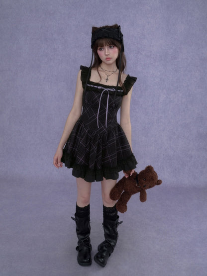 Plaid Ruffle Trim Cami Mini Dress【s0000017105】