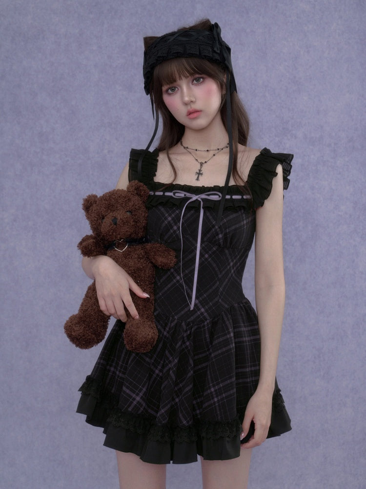 Plaid Ruffle Trim Cami Mini Dress【s0000017105】