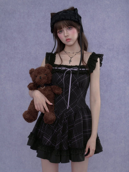 Plaid Ruffle Trim Cami Mini Dress【s0000017105】
