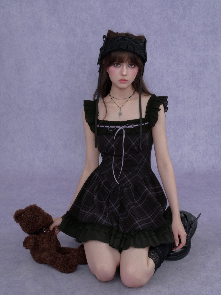 Plaid Ruffle Trim Cami Mini Dress【s0000017105】