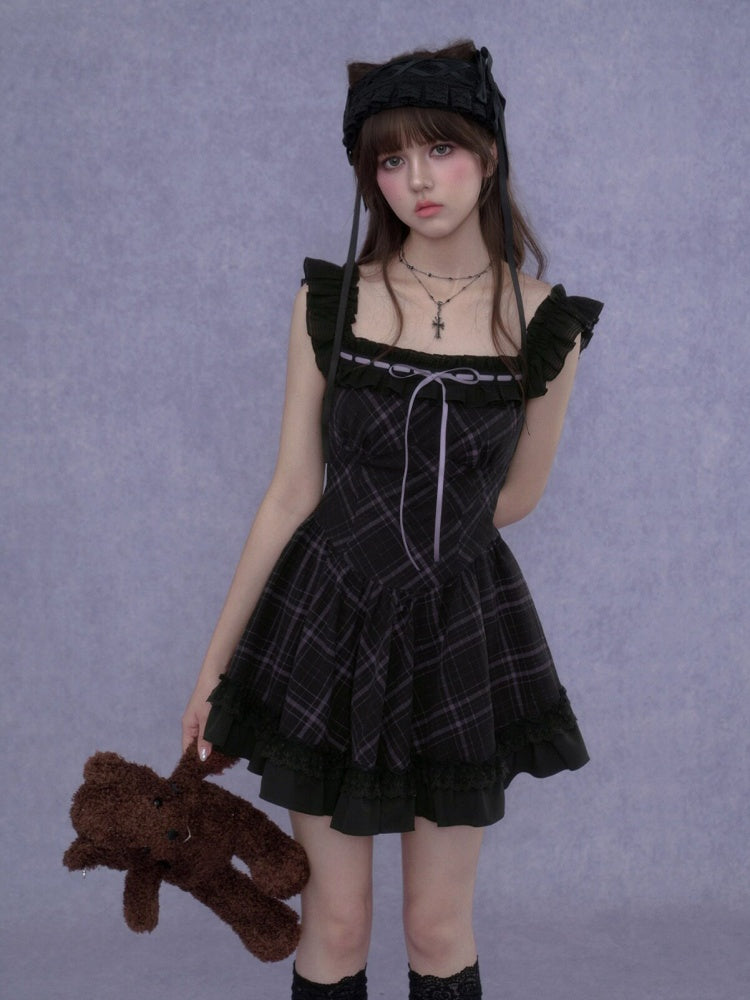 Plaid Ruffle Trim Cami Mini Dress【s0000017105】