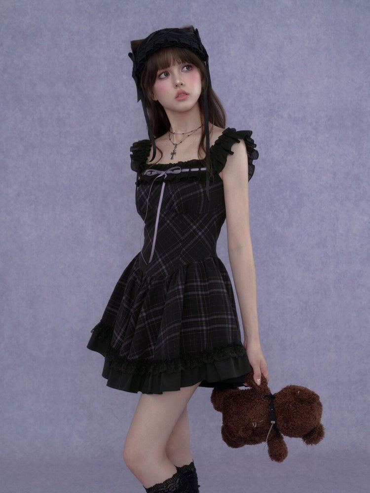 Plaid Ruffle Trim Cami Mini Dress【s0000017105】