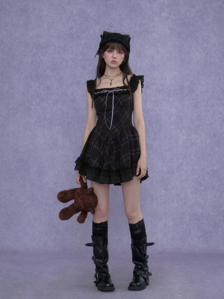 Plaid Ruffle Trim Cami Mini Dress【s0000017105】