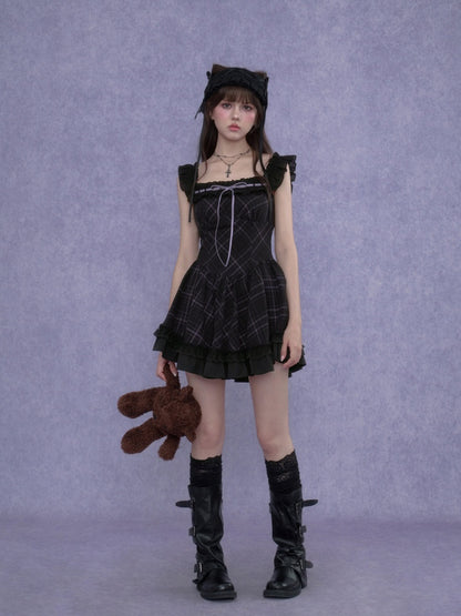 Plaid Ruffle Trim Cami Mini Dress【s0000017105】