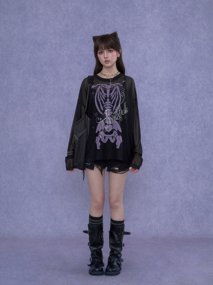 Angel Skeleton Bone Glitter Print Mesh Sunscreen T-Shirt【s0000017106】