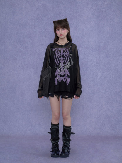Angel Skeleton Bone Glitter Print Mesh Sunscreen T-Shirt【s0000017106】