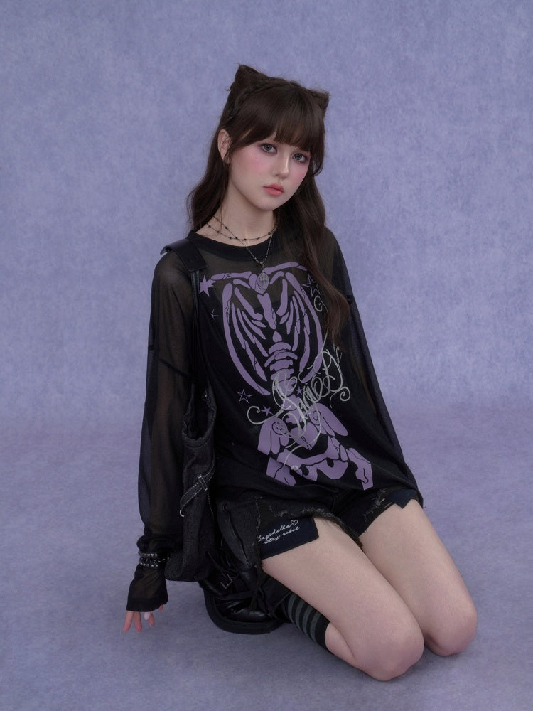 Angel Skeleton Bone Glitter Print Mesh Sunscreen T-Shirt【s0000017106】