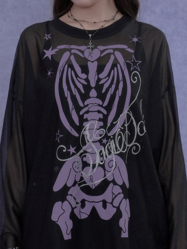 Angel Skeleton Bone Glitter Print Mesh Sunscreen T-Shirt【s0000017106】