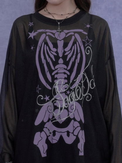 Angel Skeleton Bone Glitter Print Mesh Sunscreen T-Shirt【s0000017106】