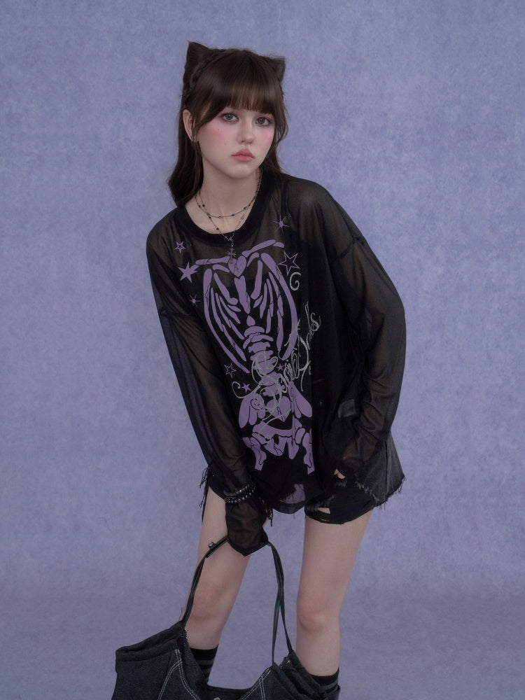 Angel Skeleton Bone Glitter Print Mesh Sunscreen T-Shirt【s0000017106】