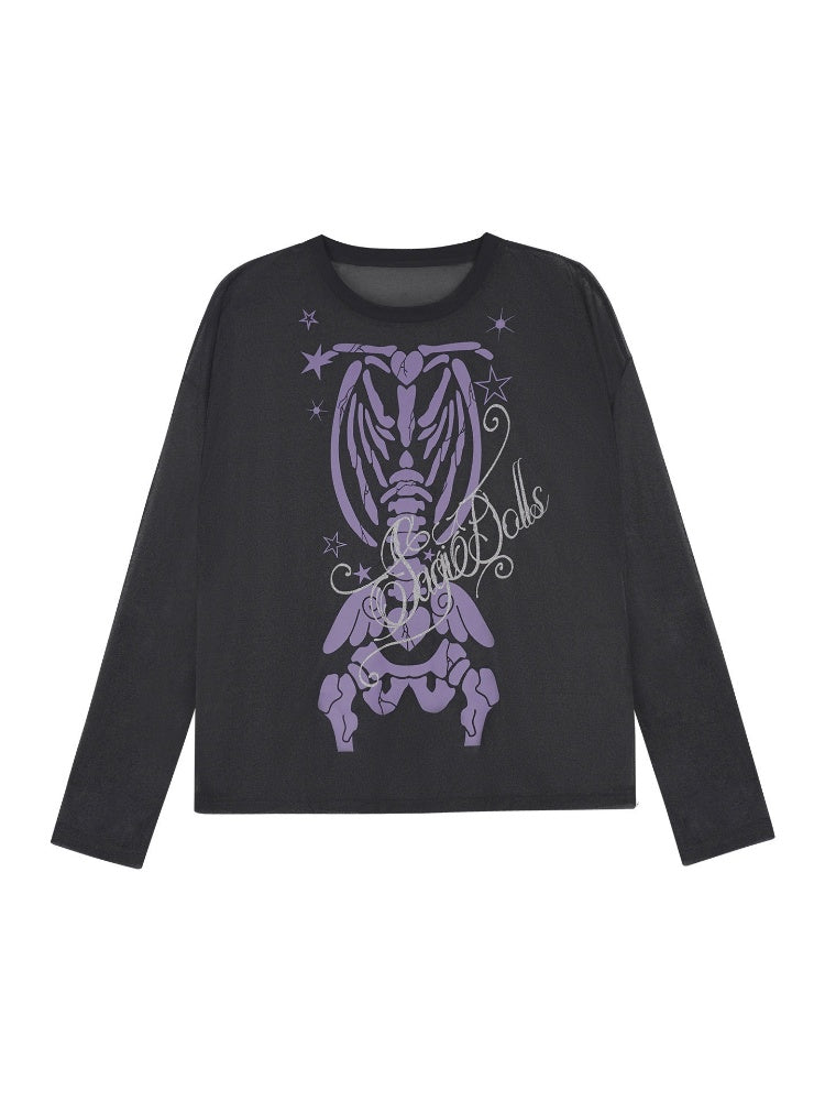 Angel Skeleton Bone Glitter Print Mesh Sunscreen T-Shirt【s0000017106】