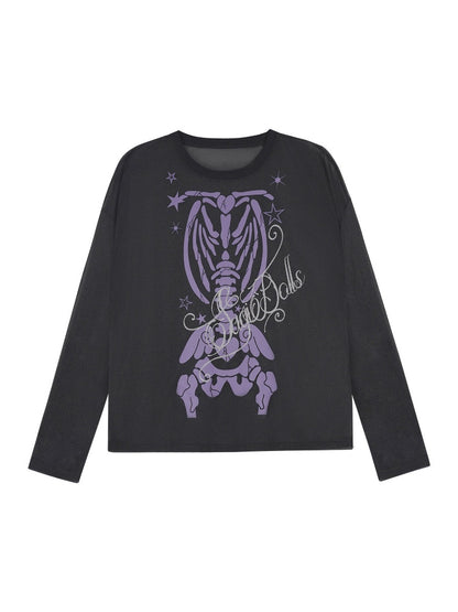 Angel Skeleton Bone Glitter Print Mesh Sunscreen T-Shirt【s0000017106】