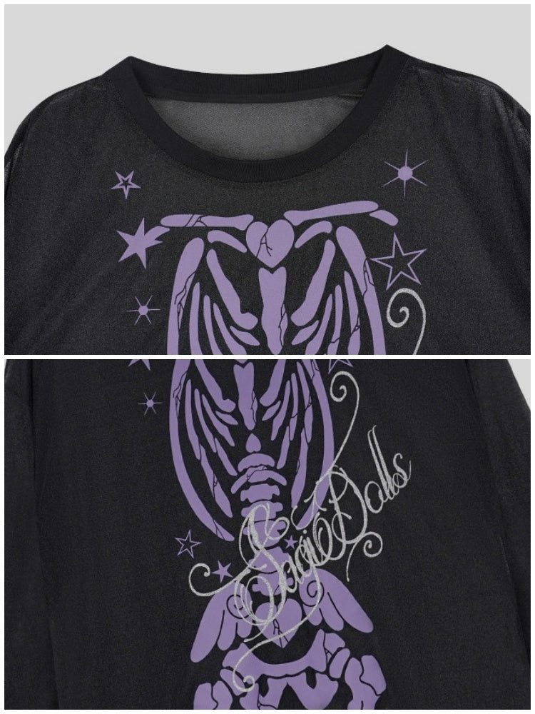 Angel Skeleton Bone Glitter Print Mesh Sunscreen T-Shirt【s0000017106】
