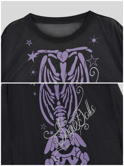 Angel Skeleton Bone Glitter Print Mesh Sunscreen T-Shirt【s0000017106】
