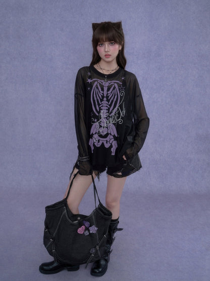 Angel Skeleton Bone Glitter Print Mesh Sunscreen T-Shirt【s0000017106】