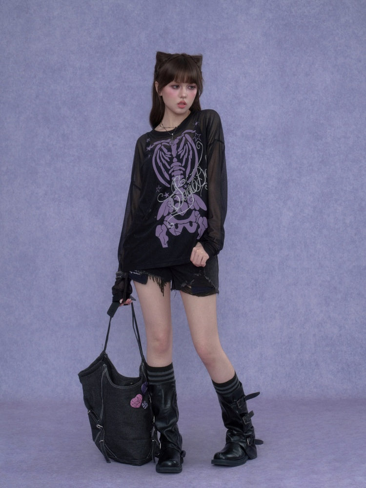 Angel Skeleton Bone Glitter Print Mesh Sunscreen T-Shirt【s0000017106】