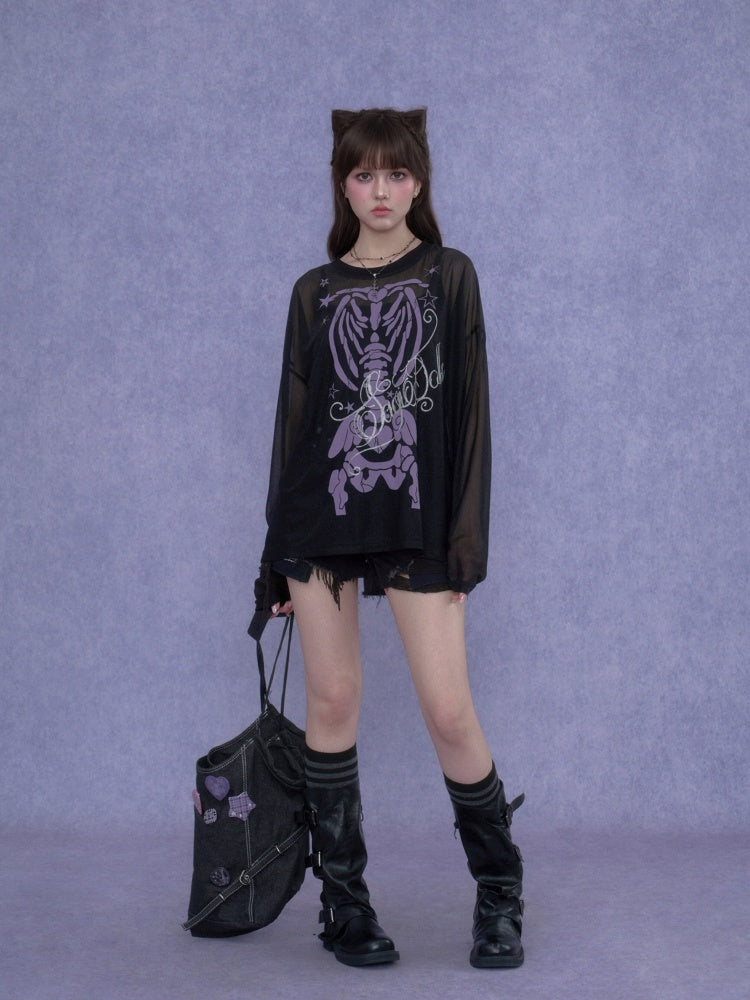 Angel Skeleton Bone Glitter Print Mesh Sunscreen T-Shirt【s0000017106】
