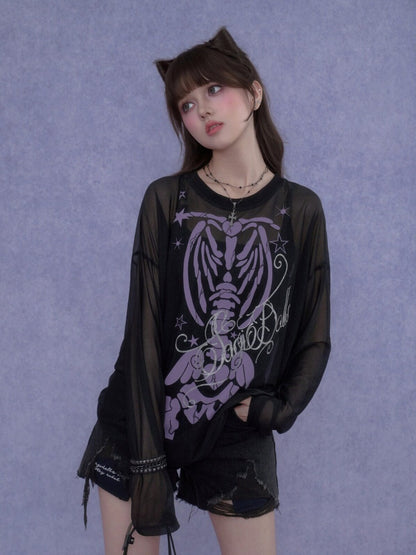 Angel Skeleton Bone Glitter Print Mesh Sunscreen T-Shirt【s0000017106】