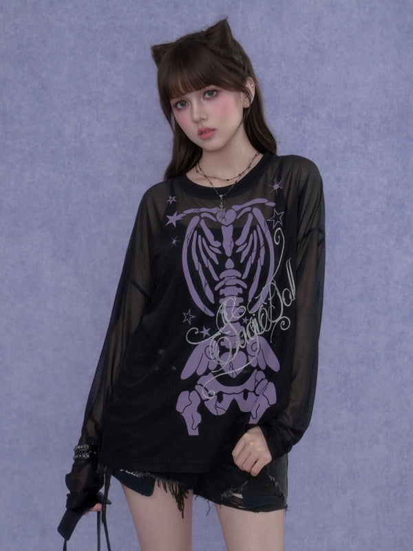 Angel Skeleton Bone Glitter Print Mesh Sunscreen T-Shirt【s0000017106】