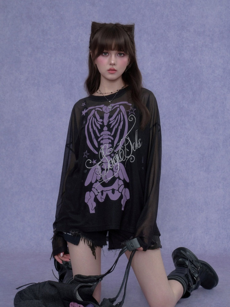 Angel Skeleton Bone Glitter Print Mesh Sunscreen T-Shirt【s0000017106】