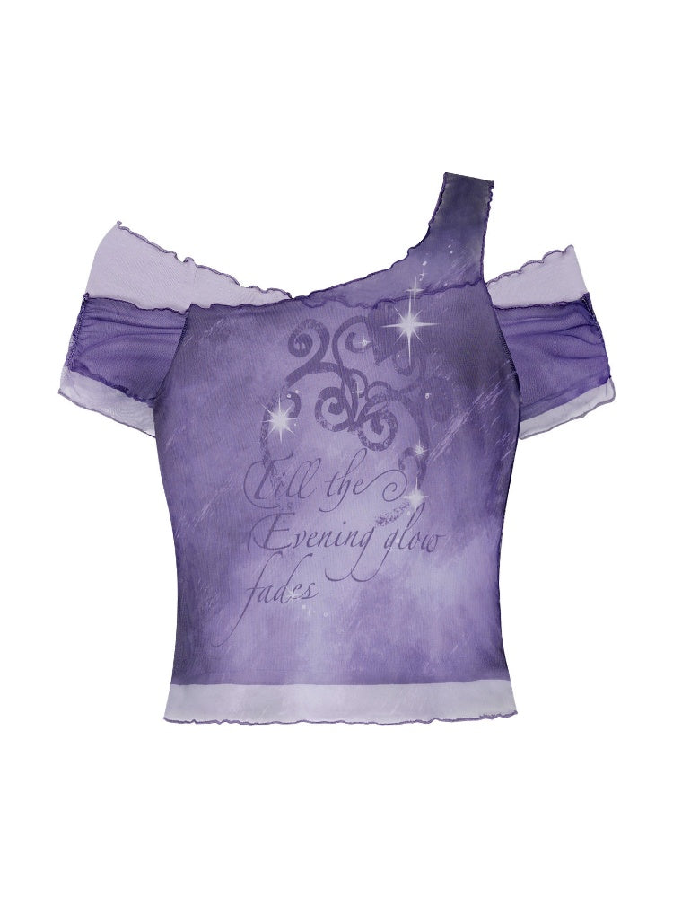 Stars Fade Away Layered Mesh Print Off-Shoulder T-Shirt【s0000017107】