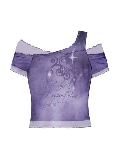 Stars Fade Away Layered Mesh Print Off-Shoulder T-Shirt【s0000017107】