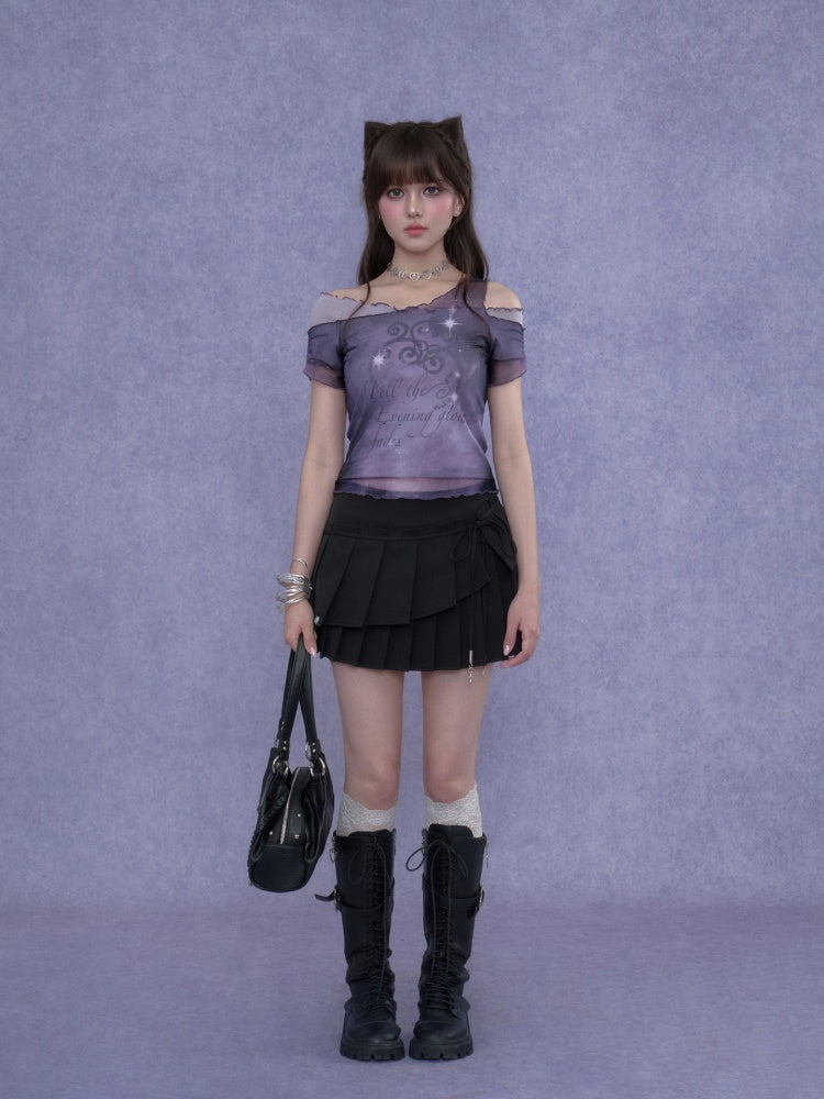 Stars Fade Away Layered Mesh Print Off-Shoulder T-Shirt【s0000017107】