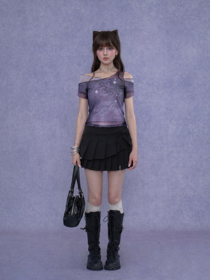 Stars Fade Away Layered Mesh Print Off-Shoulder T-Shirt【s0000017107】