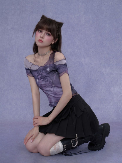 Stars Fade Away Layered Mesh Print Off-Shoulder T-Shirt【s0000017107】