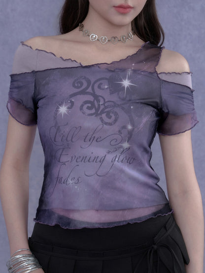 Stars Fade Away Layered Mesh Print Off-Shoulder T-Shirt【s0000017107】