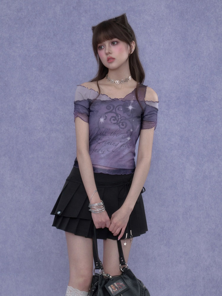 Stars Fade Away Layered Mesh Print Off-Shoulder T-Shirt【s0000017107】