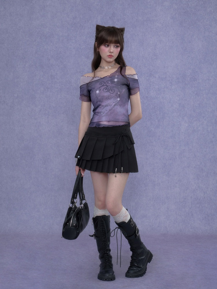 Stars Fade Away Layered Mesh Print Off-Shoulder T-Shirt【s0000017107】