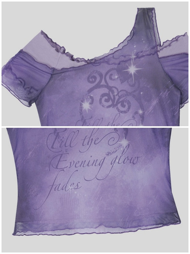 Stars Fade Away Layered Mesh Print Off-Shoulder T-Shirt【s0000017107】