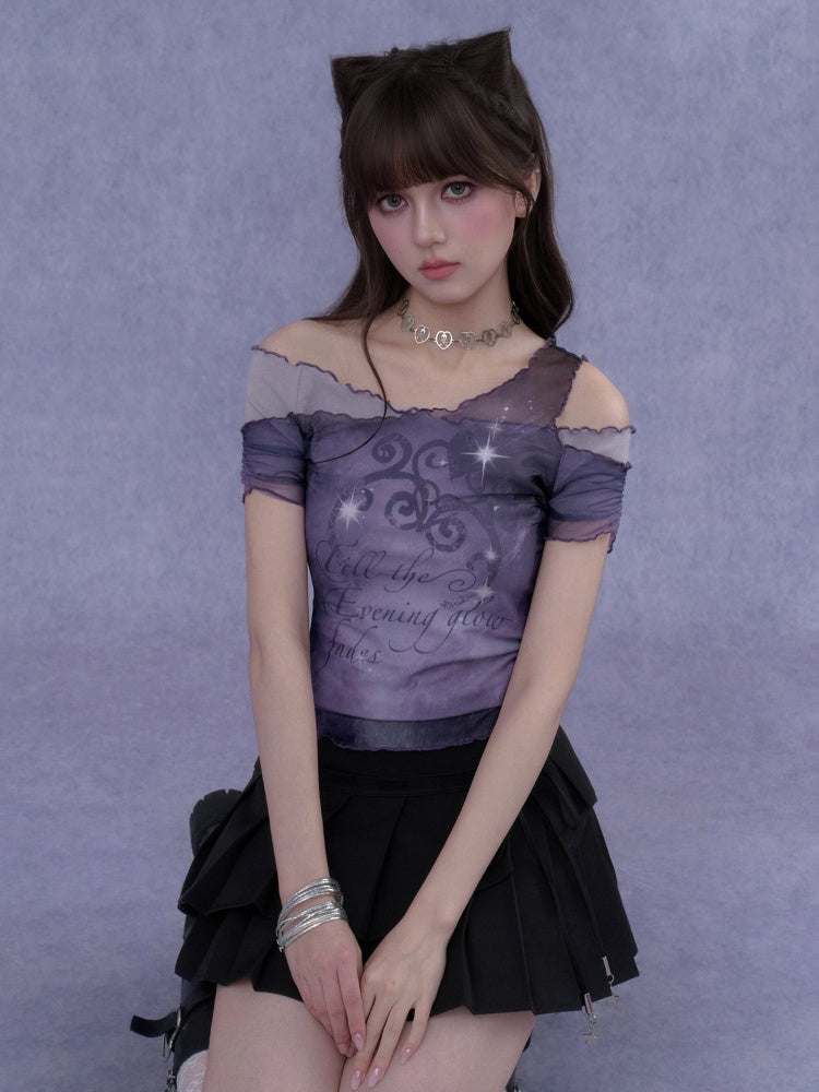 Stars Fade Away Layered Mesh Print Off-Shoulder T-Shirt【s0000017107】