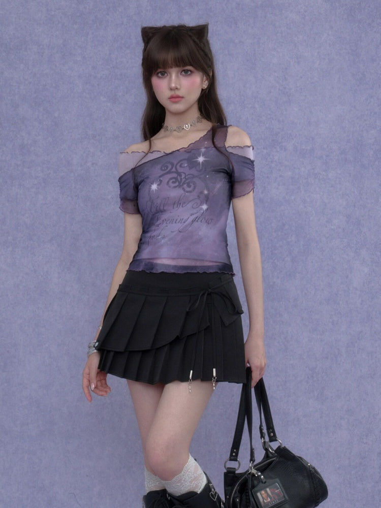 Stars Fade Away Layered Mesh Print Off-Shoulder T-Shirt【s0000017107】