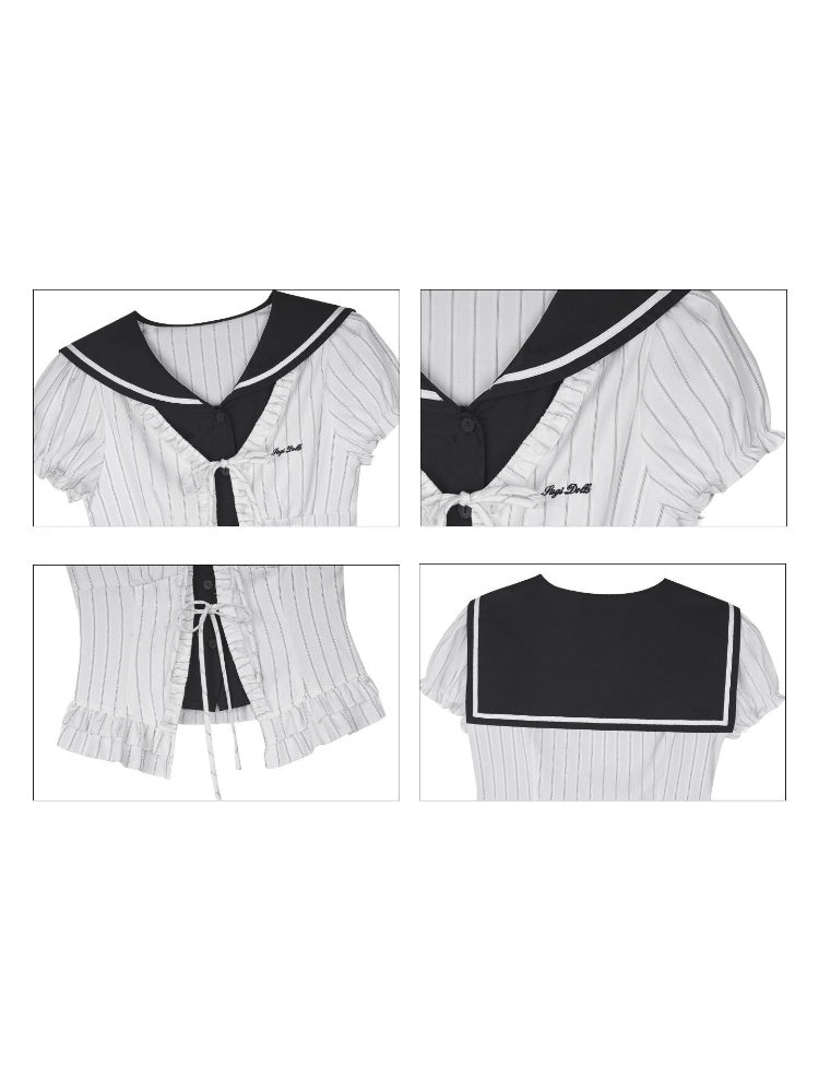 Sailor Collar Striped Faux Layered Puff Sleeves Blouse【s0000017109】
