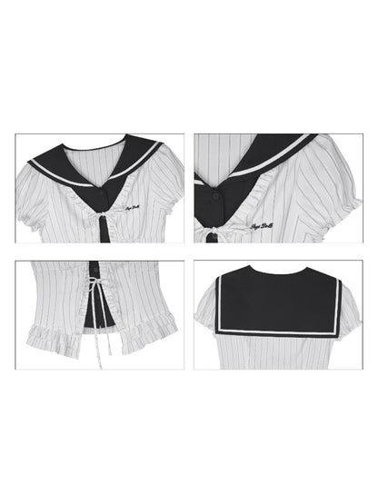 Sailor Collar Striped Faux Layered Puff Sleeves Blouse【s0000017109】