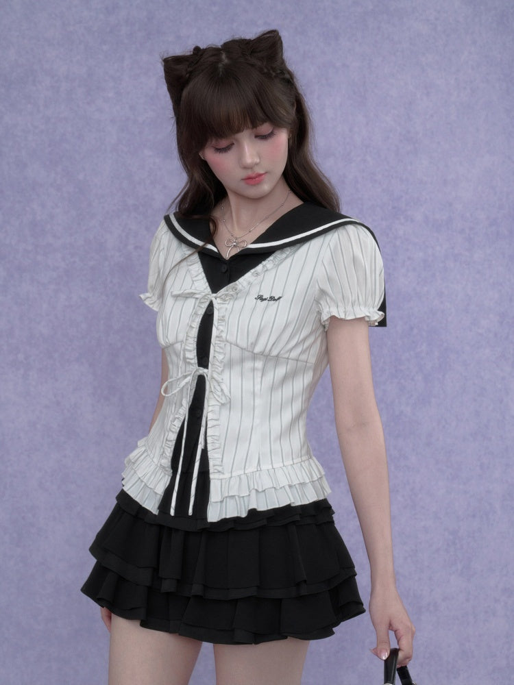 Sailor Collar Striped Faux Layered Puff Sleeves Blouse【s0000017109】