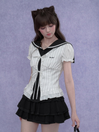 Sailor Collar Striped Faux Layered Puff Sleeves Blouse【s0000017109】