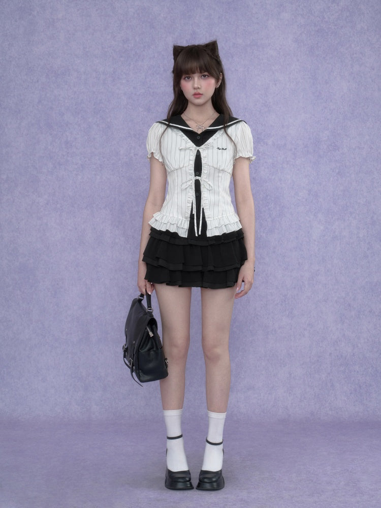 Sailor Collar Striped Faux Layered Puff Sleeves Blouse【s0000017109】