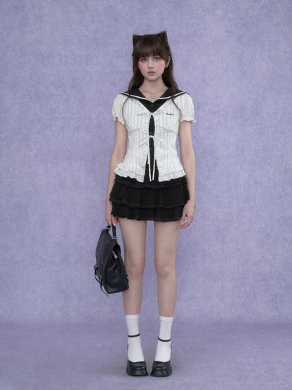 Sailor Collar Striped Faux Layered Puff Sleeves Blouse【s0000017109】