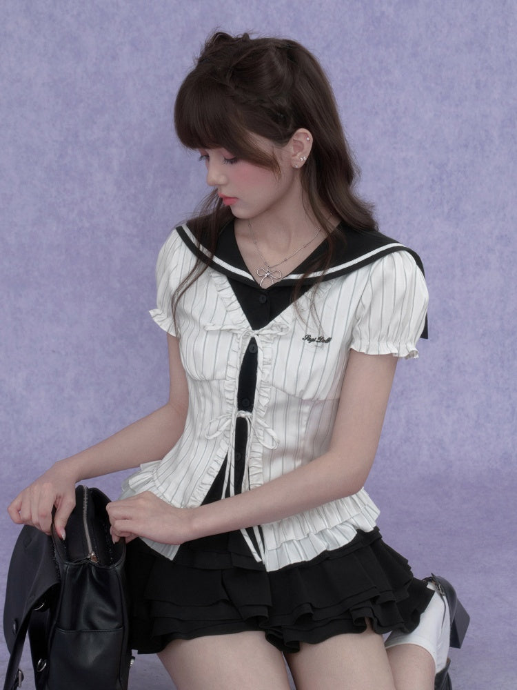 Sailor Collar Striped Faux Layered Puff Sleeves Blouse【s0000017109】