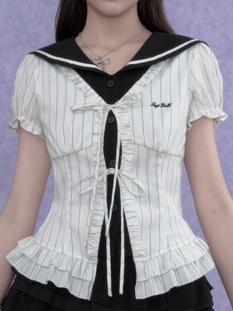 Sailor Collar Striped Faux Layered Puff Sleeves Blouse【s0000017109】