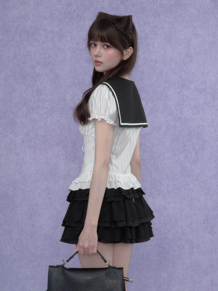 Sailor Collar Striped Faux Layered Puff Sleeves Blouse【s0000017109】