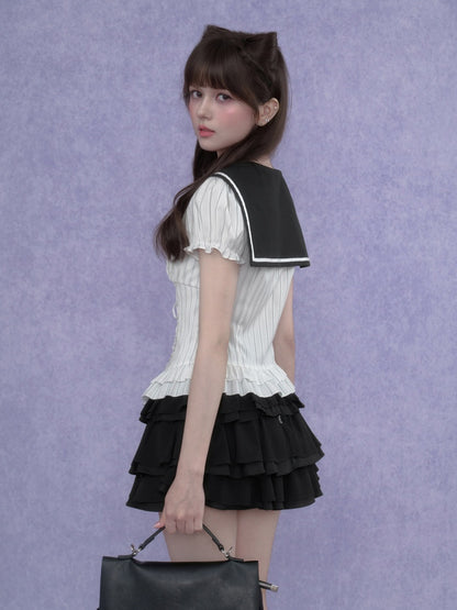 Sailor Collar Striped Faux Layered Puff Sleeves Blouse【s0000017109】