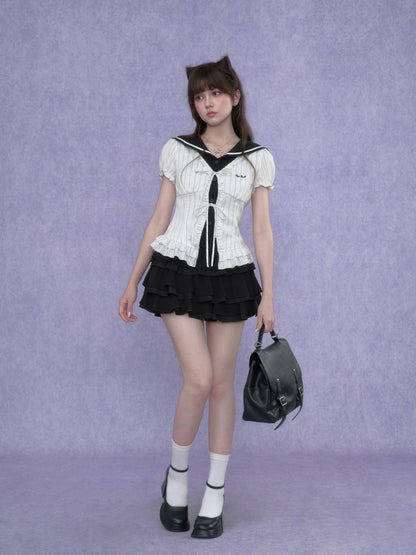 Sailor Collar Striped Faux Layered Puff Sleeves Blouse【s0000017109】