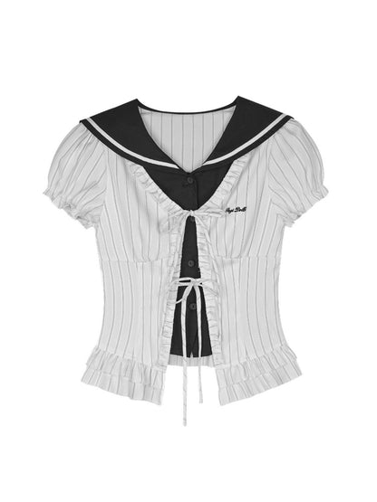 Sailor Collar Striped Faux Layered Puff Sleeves Blouse【s0000017109】